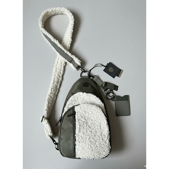 NEW House Of Harlow Sling Backpack Sherpa Nylon Olive Green Cream - Picture 1 of 15
